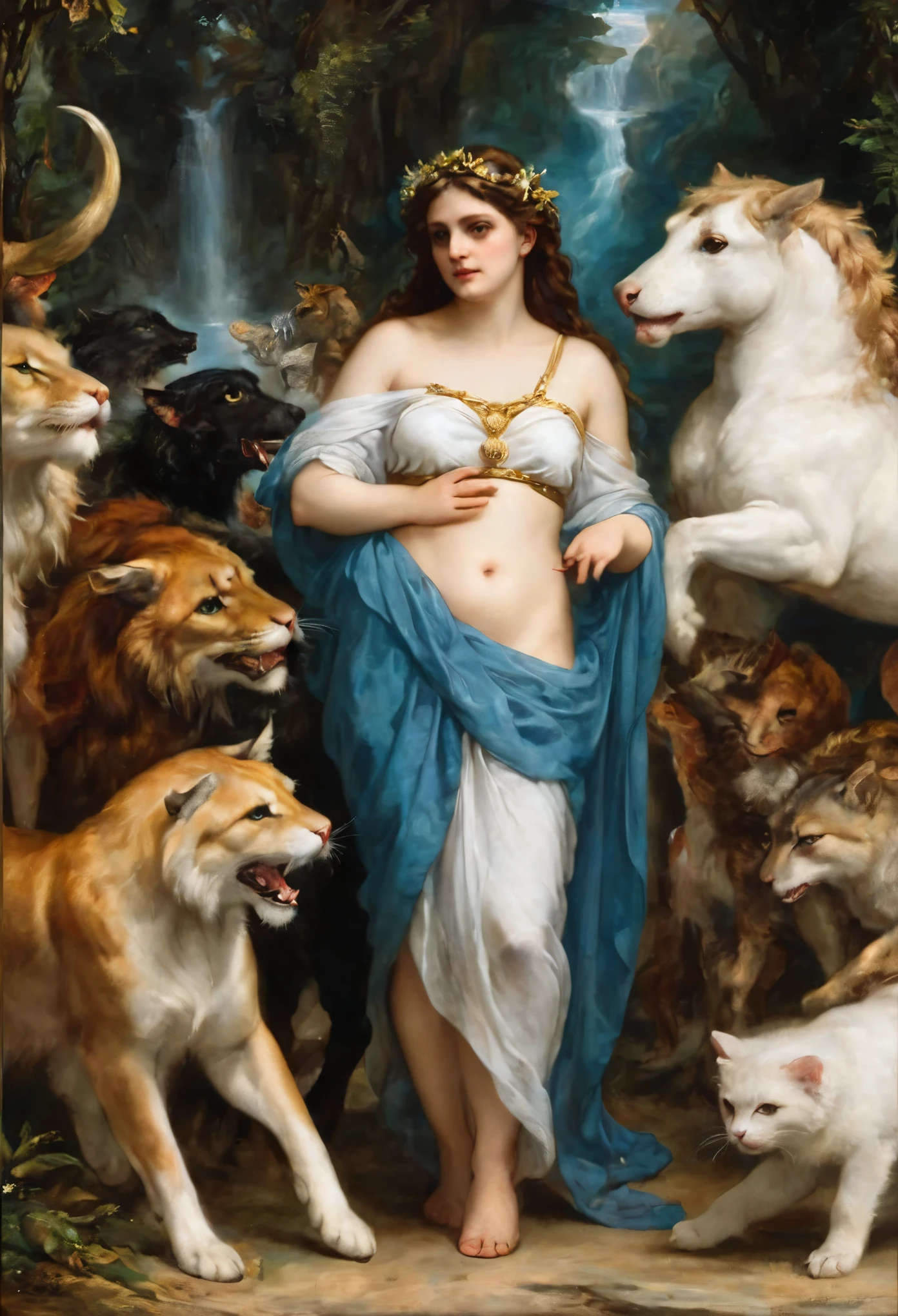 an oil painting art piece depicting the Greek Goddess Circe from Greek or Roman mythology, inspired by Peter Paul Rubens' painting style. Capture Circe's magical and enchanting presence as she stands with a mystical aura, surrounded by enchantments and mythical creatures. Infuse the painting with vibrant colors, dramatic lighting, and intricate details characteristic of Rubens' dynamic and emotive style. Let Circe's power and beauty shine through in a captivating portrayal that brings her mythological essence to life on the canvas, masterpiece, award winning, best quality, highly detailed, flawless artwork, beautiful nature in background,