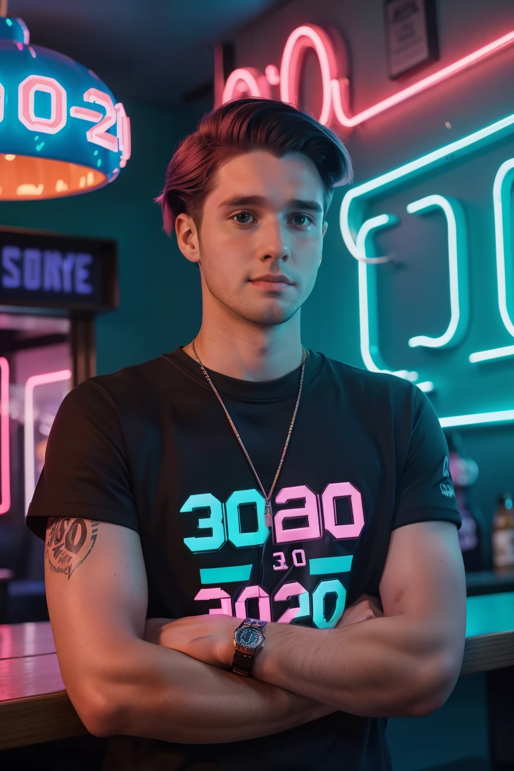 Sowell Bay, Washington, 2023. A young ((((30-year-old)) Cameron Cassmore)), in a pub with neon lights, ((confused expression)), ((((clothings from the 2020s)))), ((hairstyle of the 2020s)) 