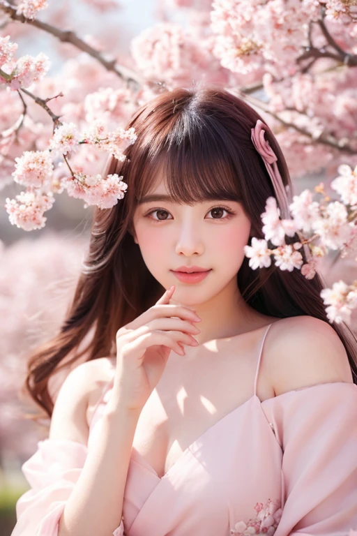 anime-like illustration, (best quality,4k,8k,highres,masterpiece:1.2),ultra-detailed,Japanese Cherry Blossoms,sakura blooms,beautiful girl surrounded by sakura petals,pink scenery,influence of anime,soft and dreamy atmosphere,delicate and graceful female figure under the cherry blossom tree,gentle wind rustling through the cherry blossom branches,feminine charm and elegance,subtle shades of pink,ethereal lighting of the magical spring day,anime-inspired illustration of a girl immersed in the beauty of cherry blossoms.