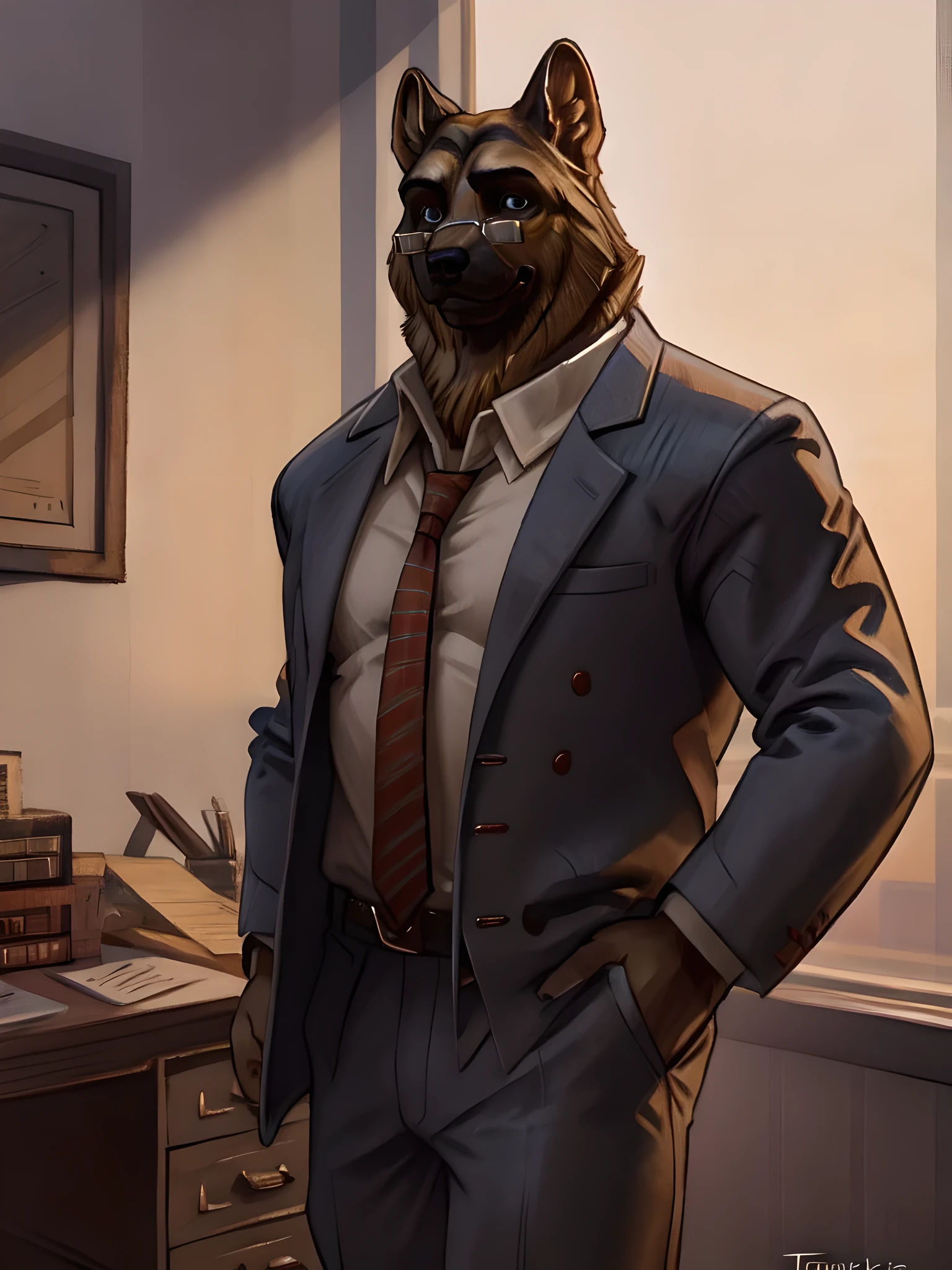 smirnov, 4k, high resolution, best quality, posted on e621, solo, anthro body, male, adult, masculine, muscular, correct anatomy, correct proportions, detailed eyes, detailed face, (by Taran Fiddler, by Rukis), (at an office), tender smile, speaking mouth, looking at viewer, epiCSepia, soft lighting, romantic, glasses, 