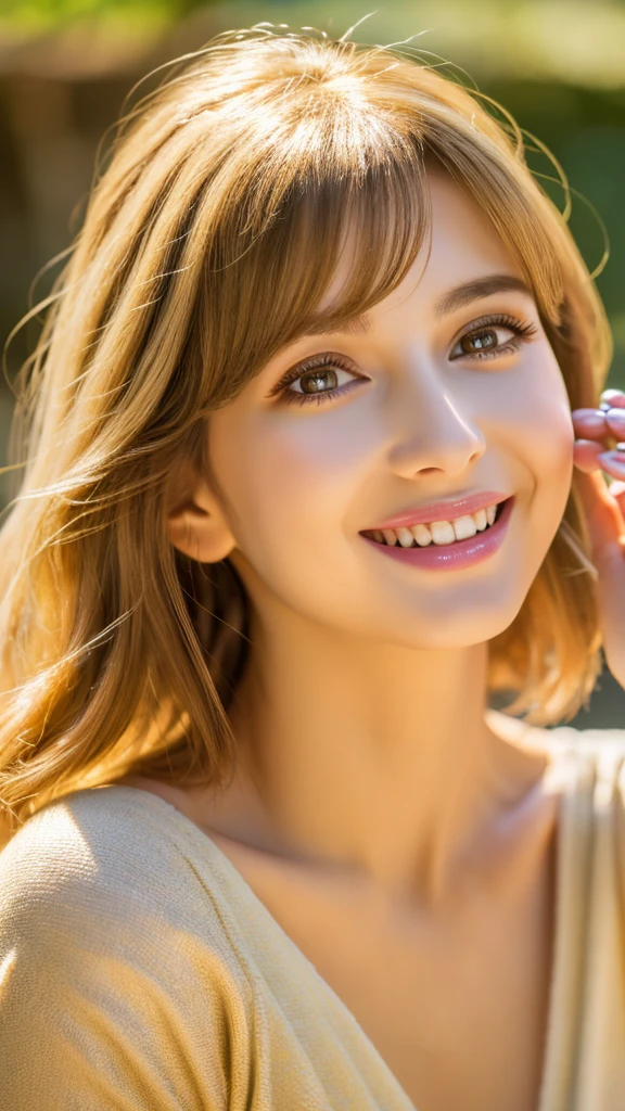 (best quality,4k,highres,masterpiece:1.2),realistic,mid-length golden bob hair,huge sparkling eyes with a beauty spot underneath,facial features emphasized,long eyelashes,captivating smile,enjoying a joyful expression,beautiful detailed lips,medium:oil painting,[garden] background and sunshine,soft and vibrant colors,studio lighting,ultra-detailed,bokeh