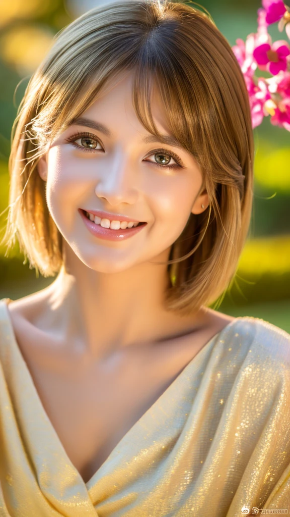 (best quality,4k,highres,masterpiece:1.2),realistic,mid-length golden bob hair,huge sparkling eyes with a beauty spot underneath,facial features emphasized,long eyelashes,captivating smile,enjoying a joyful expression,beautiful detailed lips,medium:oil painting,[garden] background and sunshine,soft and vibrant colors,studio lighting,ultra-detailed,bokeh