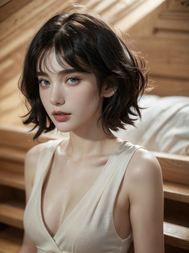 ( masterpiece, top quality, best quality,8k, girl,ultra detailed,raw photo:1.5),(photorealistic:1.4), (wavy french Bob vibe from 1920',bangs, black hair:1.5), (cinematic lighting), PerfectNwsjMajic, , Surrealism, UHD, ccurate, Super detail, textured skin, High detail, Best quality, dynamic angle, (high nose,White skin),[Beautiful blue eyes],[flat chest:large breasts:0.5],(1girl),(good anatomy:0.5)),