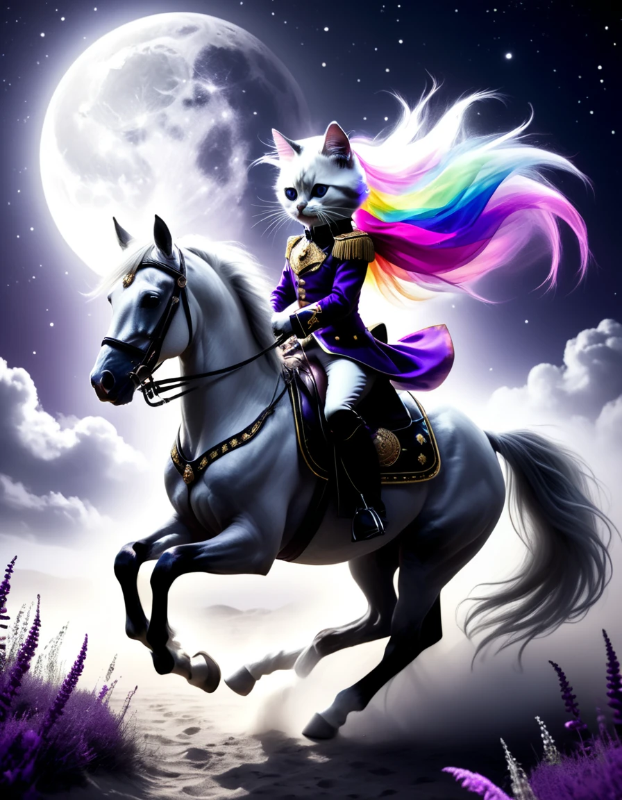 Surrealism, Star光环, Monochrome in the bright embrace of moonlight serenade, kitten mariachi band, Wearing richly decorated cavalry uniform,Deep purple accents capture the whispers of the night, Riding on his trust (White steed:1.2), A horse gallops quietly on the whispering plain. Sitting proudly in the saddle, Compared, Tone, texture, detailed, Star, Colorful halo, Vibrant energy, expressive, dramatic, organic lines and forms, dreamy and mysterious, Surrealism