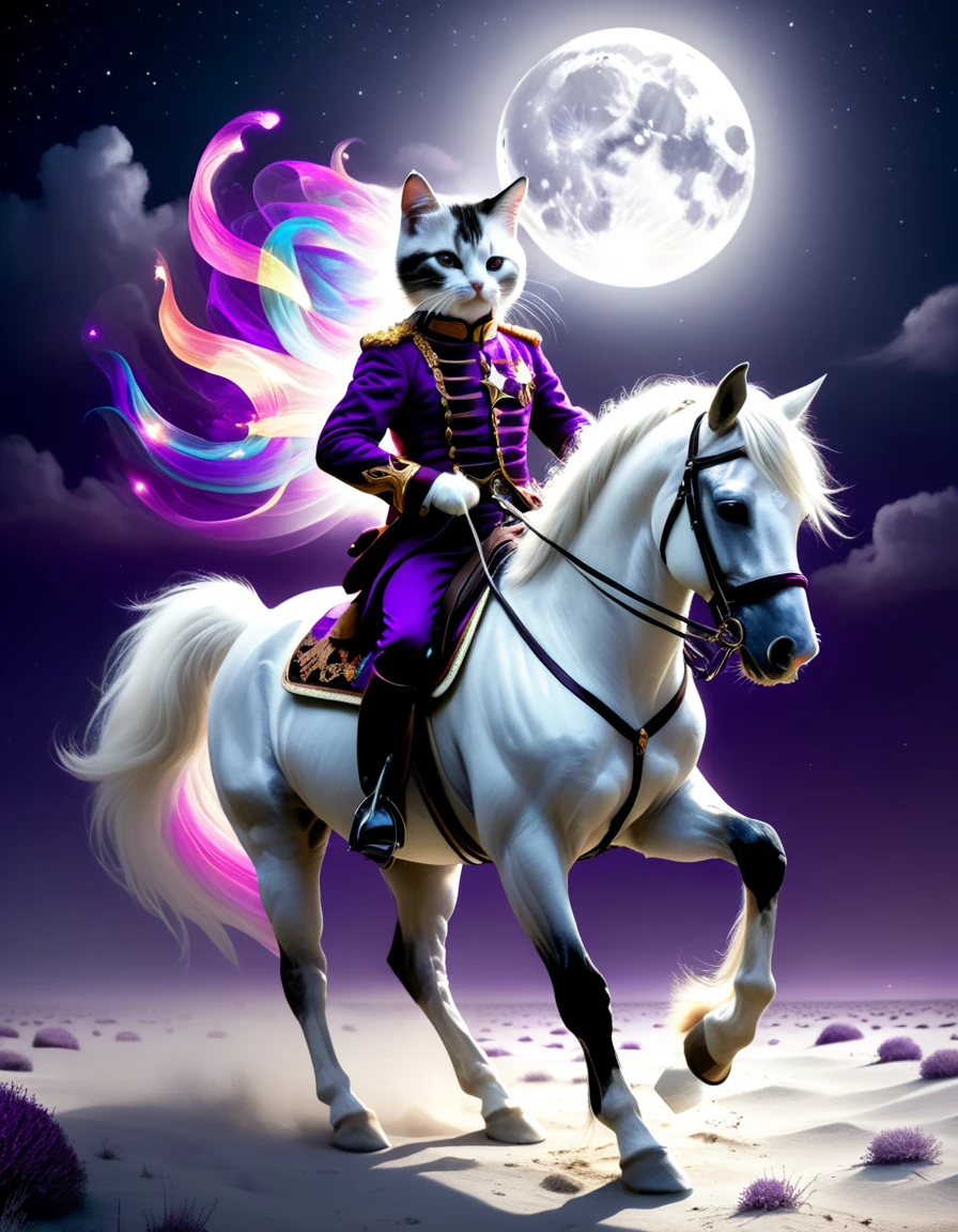 Surrealism, Star光环, Monochrome in the bright embrace of moonlight serenade, kitten mariachi band, Wearing richly decorated cavalry uniform，Deep purple accents capture the whispers of the night, Riding on his trust (White steed:1.2), A horse gallops quietly on the whispering plain. Sitting proudly in the saddle,  Compared, Tone, texture, detailed, Star, Colorful halo, Vibrant energy, expressive, dramatic, organic lines and forms, dreamy and mysterious, Surrealism