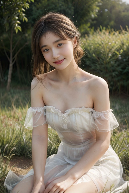 (best quality, masterpiece:1.2), very detailed, (realistic:1.37), beautiful, young, glamorous model (detailed eyes, detailed lips, extremely detailed eyes), sweet girl clothes 4,strapless dress,bijouterie,sit under the waterfall, sitting on a rock by the river, rock or temple, surrounded by bridges, Shooting myself in the knee, White and floral colors, showing a bright smile, slim body, long legs, Creates a breathtaking depiction of a girl enjoying the water., realistic waterfalls, wet clothes and hair, Shining sunshine, lush greenery, refreshing mist