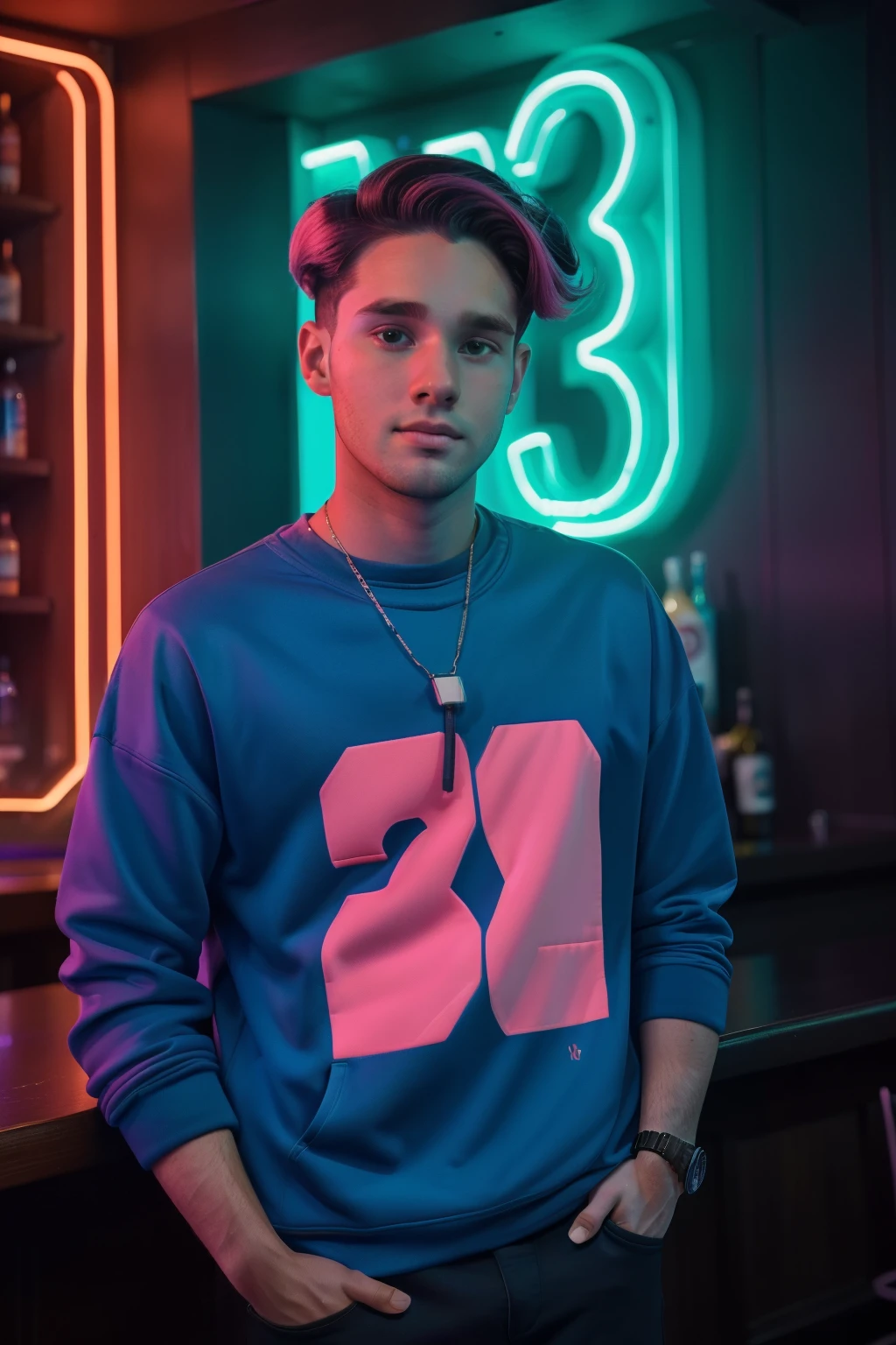 Sowell Bay, Washington, 2023. A young ((((30-year-old)) Cameron Cassmore)), in a pub with neon lights, ((confused and sad expression)), ((((clothings from the 2020s)))), ((hairstyle of the 2020s))