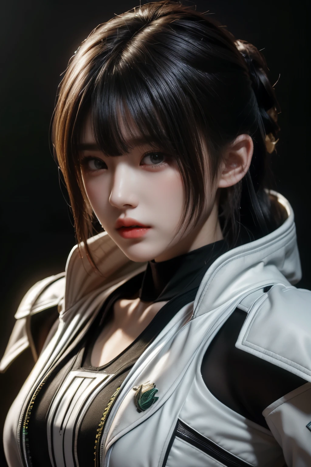 tmasterpiece,Best quality,A high resolution,8K,(Portrait photograph:1.5),(ROriginal photo),real photograph,digital photography,(Combination of cyberpunk and fantasy style),(Female soldier),20 year old girl,random hair style,By bangs,(Red eyeigchest, accessories,Redlip,(He frowned,Sneer),(Cyberpunk combined with fantasy style clothing,Openwork design,joint armor,police uniforms,White jacket,Green),exposing your navel,Photo pose,Realisticstyle,Thunder and lightning on rainy day,(Thunder magic),oc render reflection texture