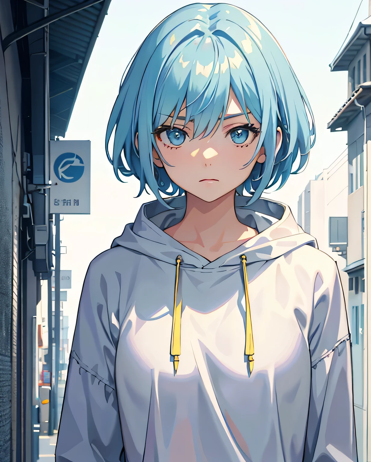 1girl,light blue anime short hair,gold color eyes,White hooded shirt,Grim expression,on road, (Masterpiece, Best Quality, Highres:1.4), Detailed, Intricate Details, 4K, color splashes, wide shot,