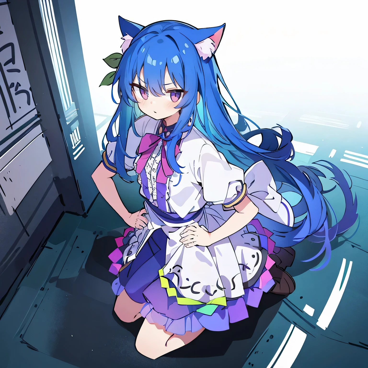 (masterpiece),best quality, expressive eyes, perfect face, 1girl,
Put your hands on your waist,fair, Gorgeous,Japanese cartoons,girl,lola,Hina Angel, blue hair, blue haired, floating clothes,Grab your waist, Grab your waist, hands on hips , hands on hips,sit, sit on ground, Legs on the ground, flat chest,cat ears,