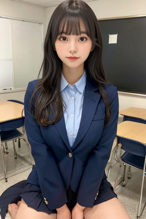 very cute high school girl, collared shirt,dark blue blazer,high school student,japanese uniform,big breasts:1.5,black hair,bangs,soft lips,delicate skin,(shiny skin),(masterpiece:1.4),(highest quality:1.4),school classroom,Squatting,