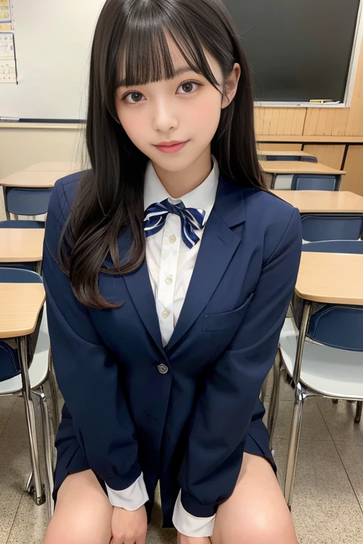 very cute high school girl, collared shirt,dark blue blazer,high school student,japanese uniform,big breasts:1.5,black hair,bangs,soft lips,delicate skin,(shiny skin),(masterpiece:1.4),(highest quality:1.4),school classroom,Squatting,