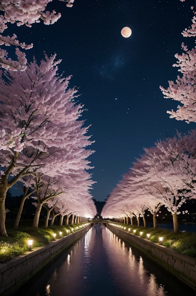 Rows of cherry blossom trees in full bloom、In the night sky beyond that, a huge moon creates a night scene.　Expressed in 3D animation