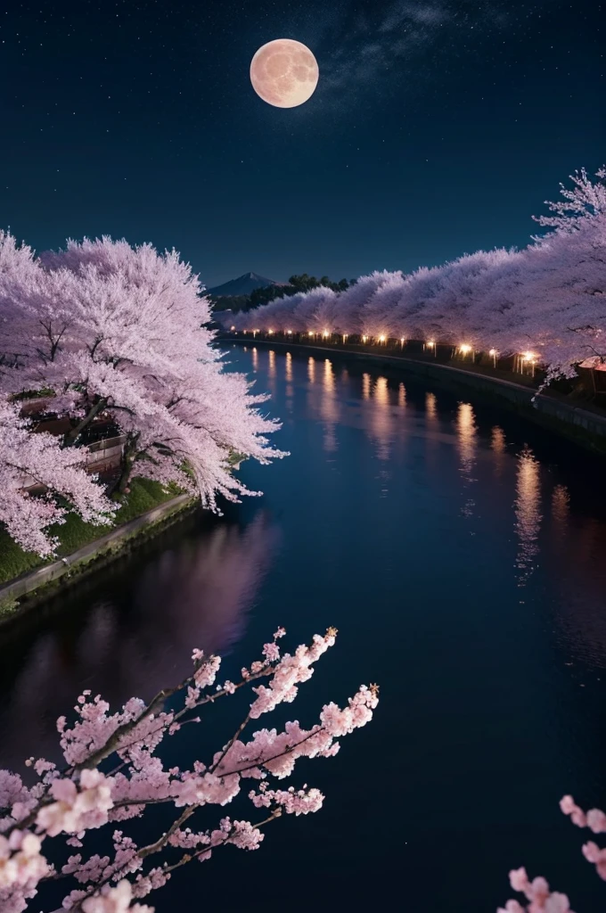 Rows of cherry blossom trees in full bloom、In the night sky beyond that, a huge moon creates a night scene. Expressed in 3D animation