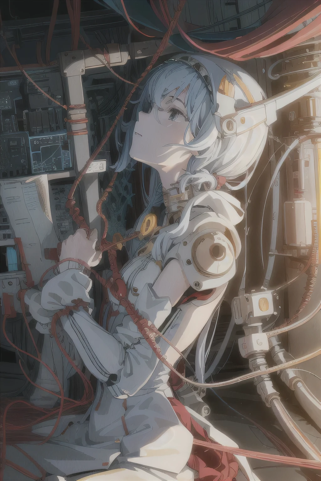 (((masterpiece))), ((((highest quality)))), (((Super detailed))), (Detailed CG illustration), ((very delicate and beautiful)),(cute delicate face),cinematic light,((1 mechanical girl)),alone,full body,(machine made joint:1.4),((mechanical limbs)),(blood vessels connected to tubes),((mechanical spine attached to the back)),((Mechanical cervical spine attached to the neck)),((sitting)),No expression,(Wires and cables attached to the head and body:1.5),(character focus),SF