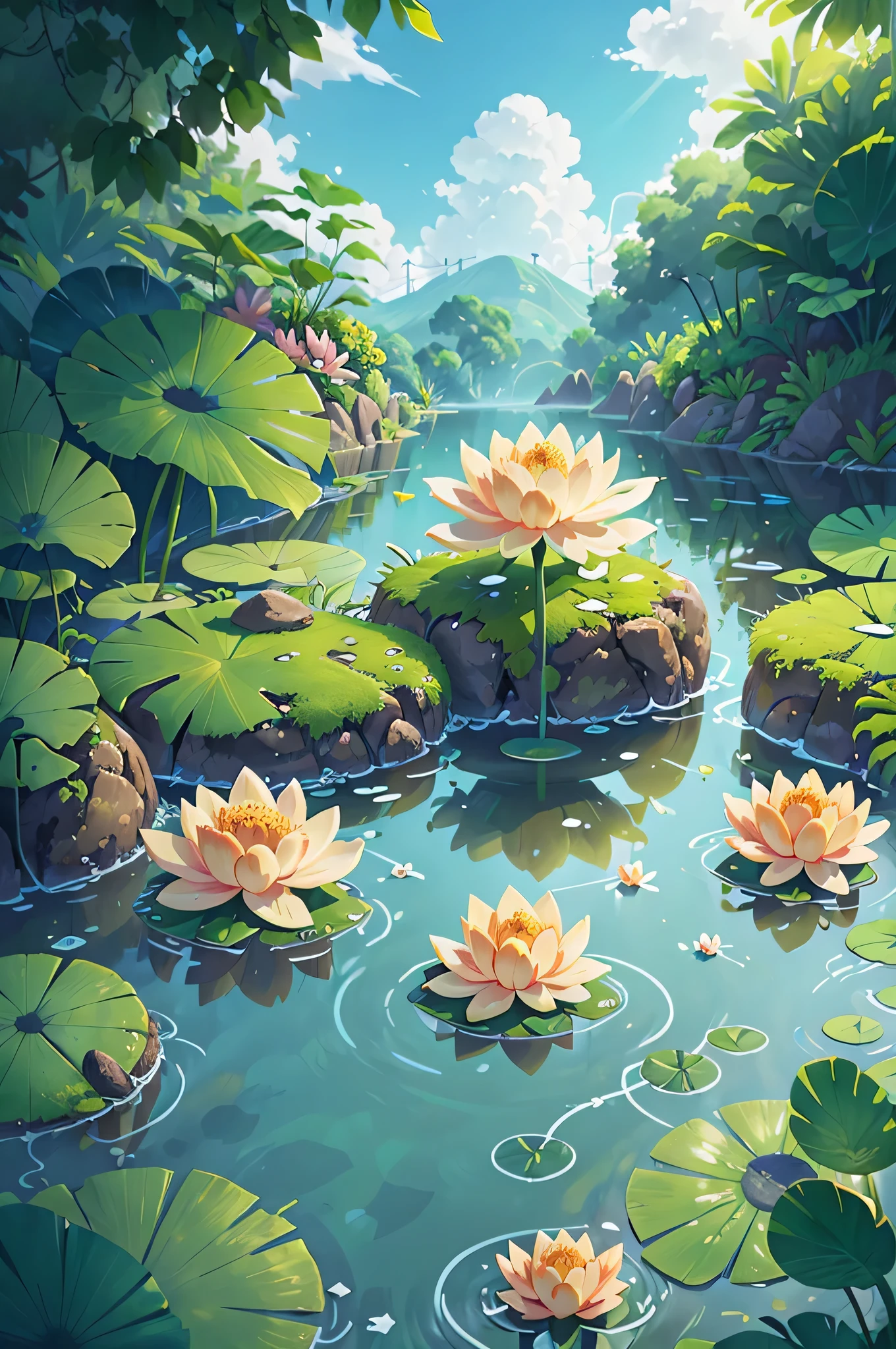 summer,Lotus leaf pool,Sunlight,unmanned,Blue sky and white clouds,HD quality