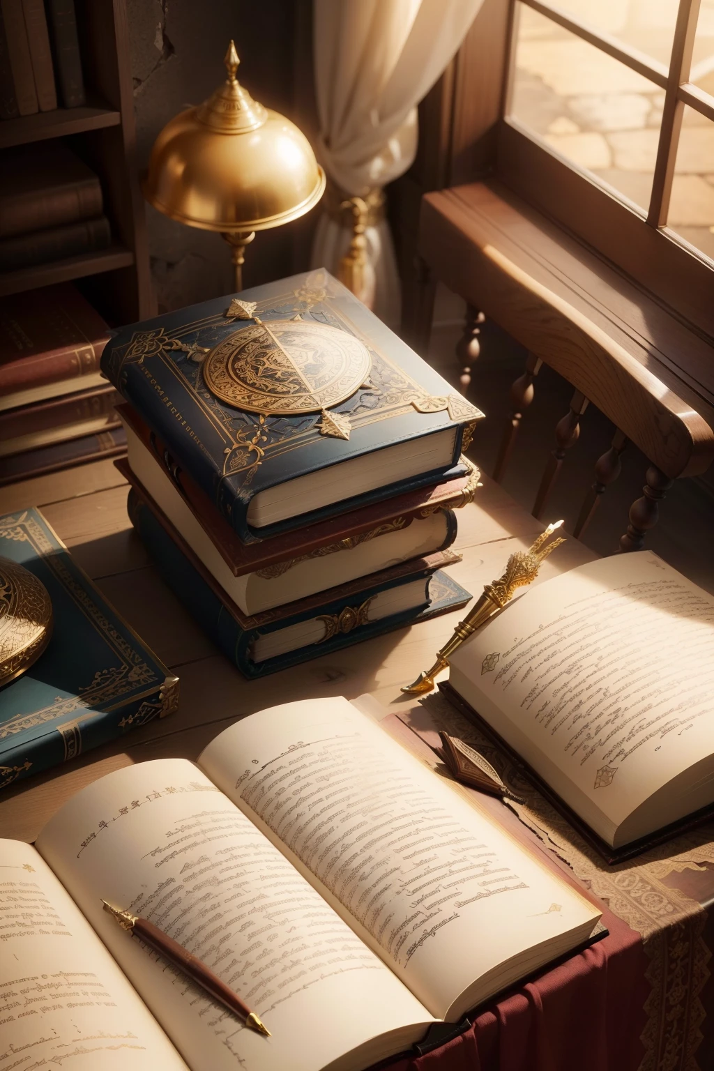 A majestic, leather-bound book with intricate golden embellishments adorns the table. Its pages filled with ancient wisdom and knowledge, a testament to the power of the written word. The book's age is evident in the fine lines and cracks that have developed over the centuries. Its spine, though worn, still holds its shape, a symbol of its enduring value. The book's magic radiates through the room, drawing in curious souls who long to unlock its secrets.