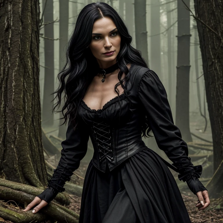 1 woman, Famke Janssen, film Hansel and Gretel Witch Hunters, 30 years old, age 30, black long hair, black, gothic style, ultra detailed face, hyperrealistic, realistic depiction, full body view, gothic style, dancing at a gothic festival, wearing a bodice and a skirt, shoes "New Rocks", next to her a black wolf