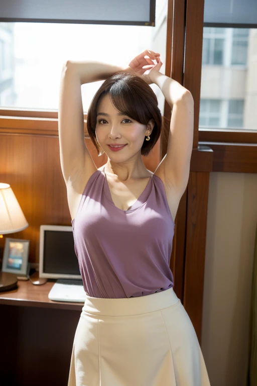 4k, super resolution,Raw photo,masterpiece, highest quality,realistic, photorealistic,sharp focus,professional lighting,beautiful eyes,beautiful face,photorealistic,masterpiece,highest quality, a sexy 45 yo beautiful japanese woman in the office, ((smile)),short hair, (Sophisticated and modest clothing for a 45-year-old woman:1.5), mega , cleavage, Are standing,((armpit:1.2)) wear high heels,(((Tight Skirt))),((sleeveless blouse)), ((office)), morning, ((Front view:1.2)),((from below)),((low position)), earrings,headless,fine eyes, office,window