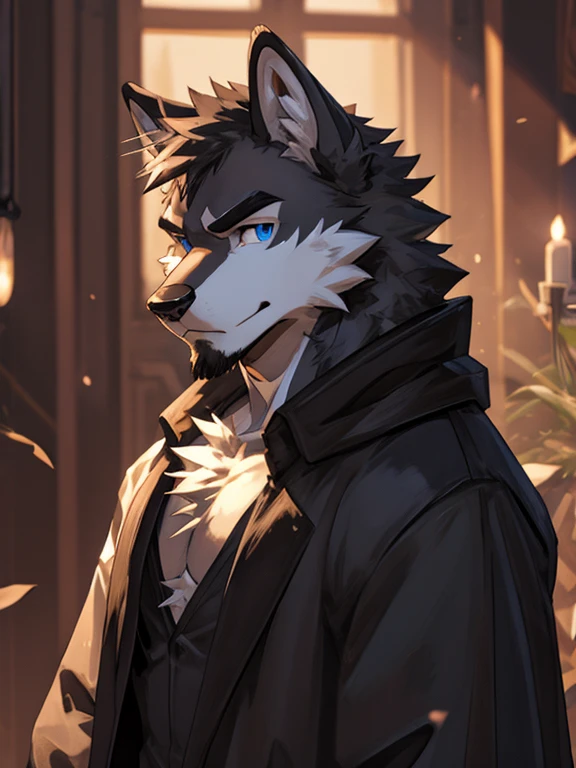 Masterpiece, Solo, Furry Gray Wolf, Gray Fur, Blue Eyes, Gray Short Hair, Gray Facial Hair, Medium Muscular Body, Charming, Smirking, Handsome, Good Looking, Fierce, Head Shot, armpit hair, chest hair,