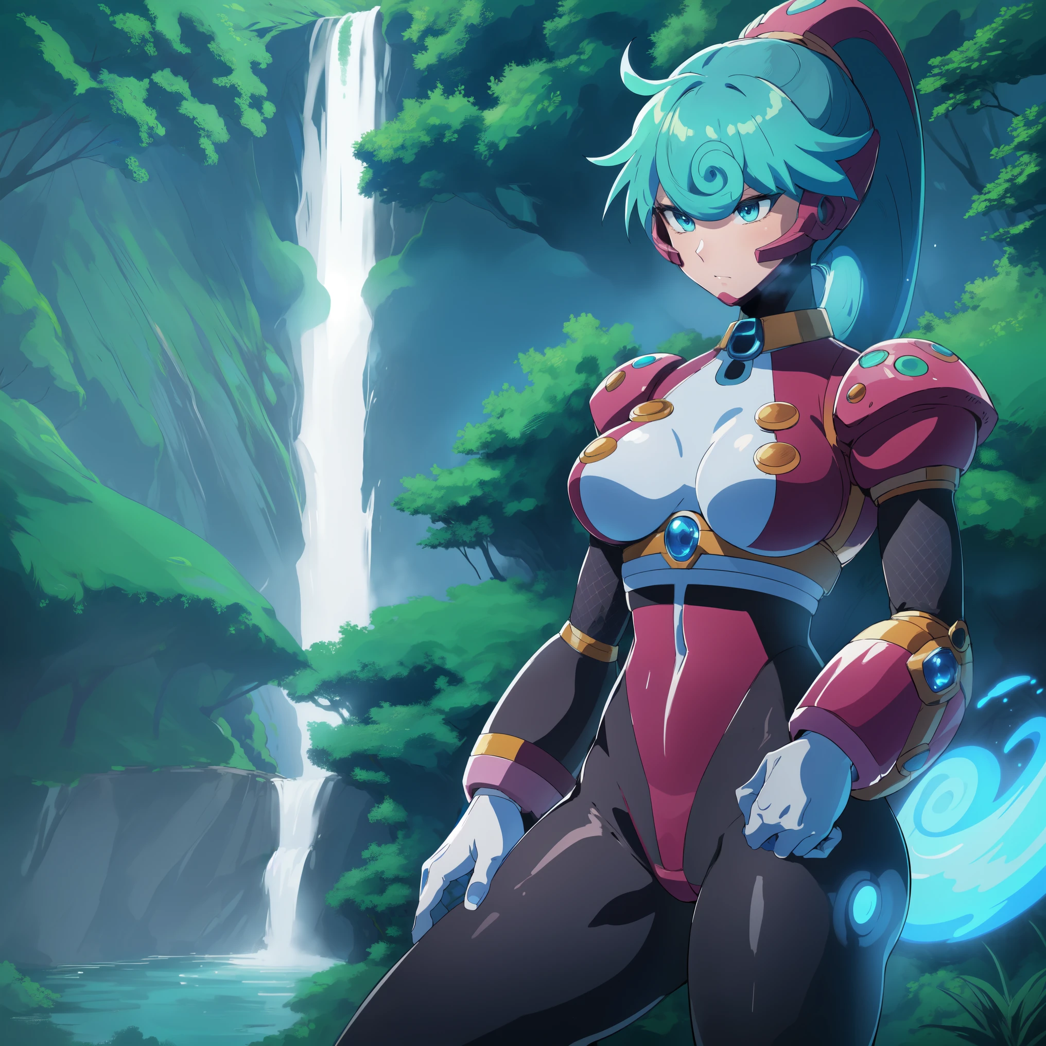 marino_megamanx, 1girl, green hair, blue eyes, ponytail, detailed face, breasts, high quality, masterpiece, in a dark forest looking out at a waterfall, in the style of ultra detailed, dark cyan and light bronze, eye-catching tags, physically based rendering, depictions of inclement weather, heavy shading, landscape inspirations