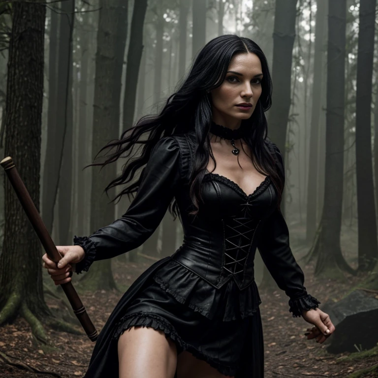 1 woman, Famke Janssen, film Hansel and Gretel Witch Hunters, 30 years old, age 30, black long hair, black, gothic style, ultra detailed face, hyperrealistic, realistic depiction, full body view, gothic style, dancing at a gothic festival, wearing a bodice and a skirt, shoes "New Rocks", next to her a black wolf