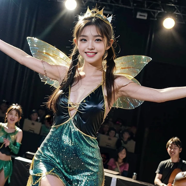 (8K、Live shooting、realistic:1.25)、1 girl、Tinkerbell looks like a 14 year old girl with a beautiful face、on top of an old castle、The moon is out、(silver hair、dance happily in the air:1.1)、side shot、fairy wings are transparent、smile、whole body、luminous bikini swimsuit、lip gloss、Glossy skin、highest quality、ultra high resolution、