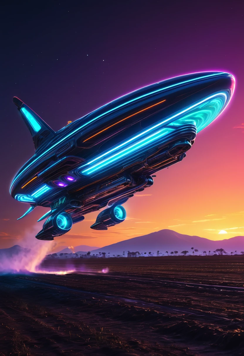 alien spaceship from another planet, neon backlight,engine wake, flies over the ground in the evening..ultra high quality detailing