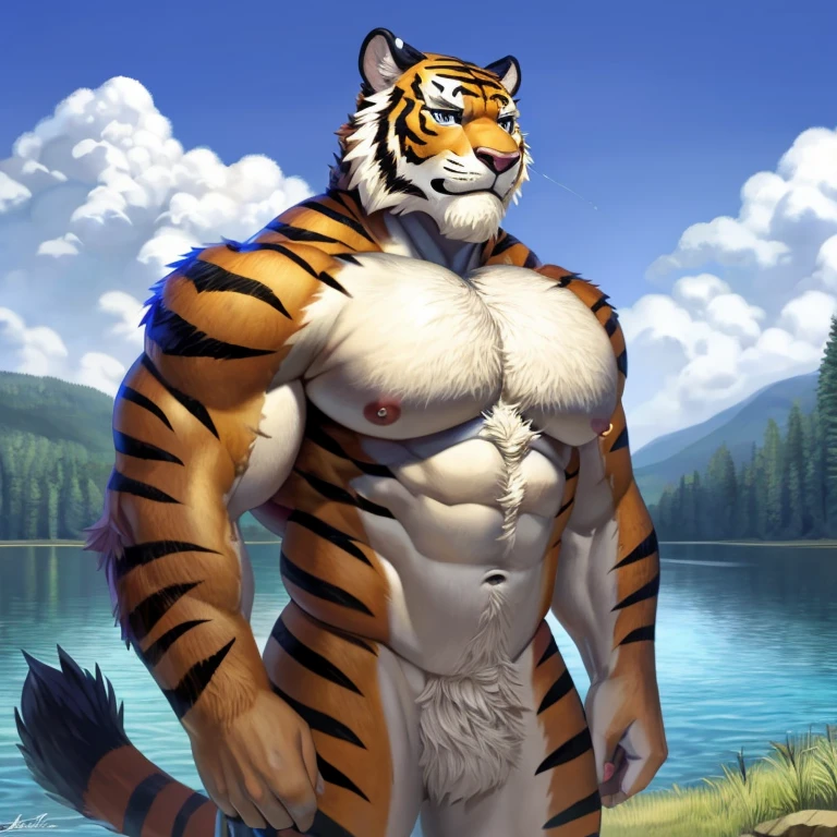 alone,people,hairy,hairy male, tiger,tiger_beast((fluffy fur,fluffy,hairy body)), uncle，(huge pecs:1.1)，naked torso, paw, fantasy, ((lake)), (Through the ghost of emptiness,by raccoon21,masterpiece,high quality,empty,8k HD), Stand above the audience, closeup portrait, looking at the audience, outdoor, ((Fishing)), Serious expression,