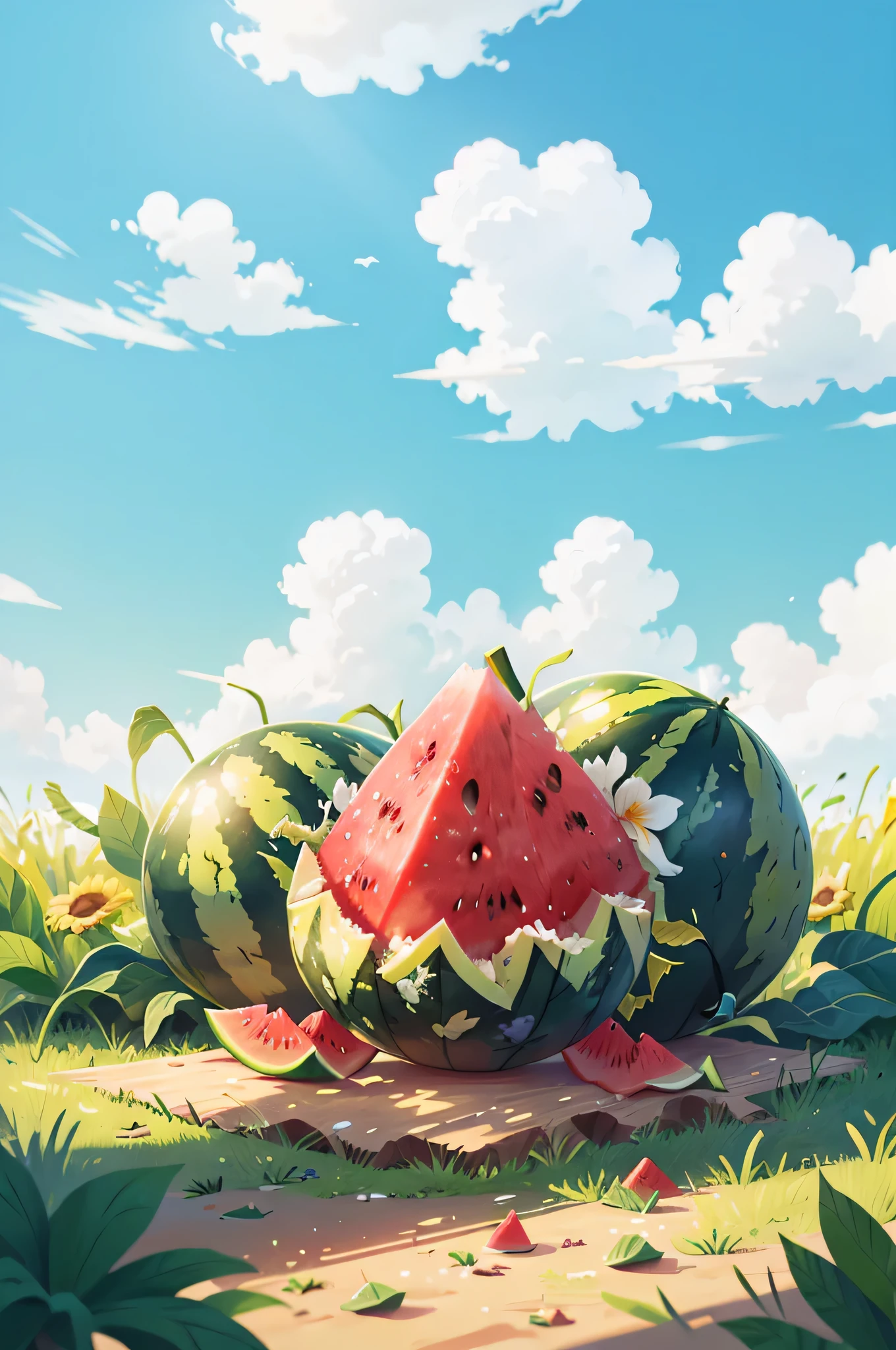 summer,watermelon,land,Sunlight,unmanned,Blue sky and white clouds,HD quality