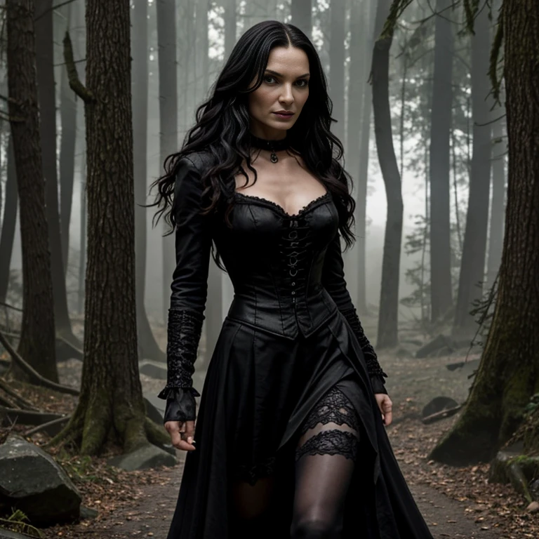 1 woman, Famke Janssen, film Hansel and Gretel Witch Hunters, 30 years old, age 30, black long hair, black, gothic style, ultra detailed face, hyperrealistic, realistic depiction, full body view, gothic style, dancing at a gothic festival, wearing a corset and long leather pants, shoes "New Rocks"