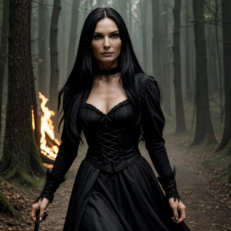 1 woman, Famke Janssen, film Hansel and Gretel Witch Hunters, 30 years old, age 30, black long hair, black, gothic style, ultra detailed face, hyperrealistic, realistic depiction, full body view, gothic style, dancing at a gothic festival, wearing a bodice and a skirt, shoes "New Rocks", next to her a black wolf