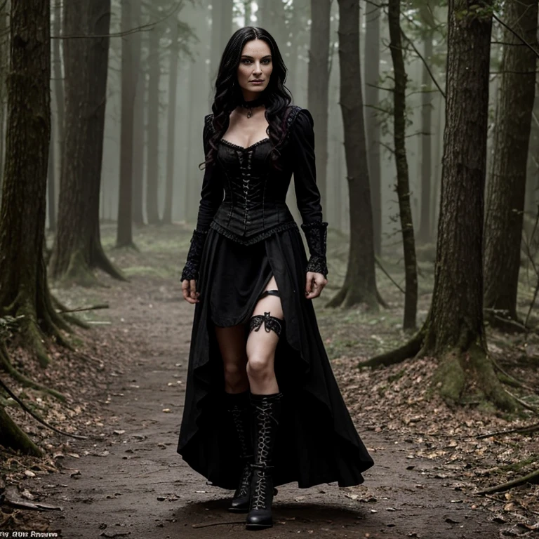 1 woman, Famke Janssen, film Hansel and Gretel Witch Hunters, 30 years old, age 30, black long hair, black, gothic style, ultra detailed face, hyperrealistic, realistic depiction, full body view, gothic style, dancing at a gothic festival, wearing a bodice and a skirt, shoes "New Rocks", next to her a black wolf