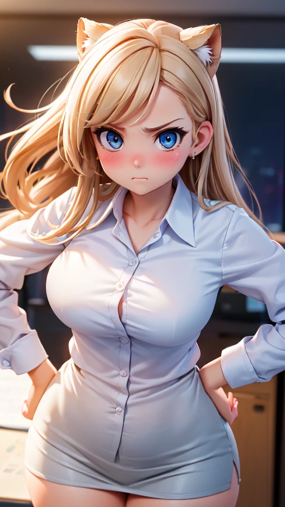 (high quality, High resolution, fine details, actual), ((((Cheeks swell)))), Put your hands on your hips, rely on, alone, miss, ((Female office worker)), Bright Eyes, (exquisite eyes), angry, blush, Shallow depth of field