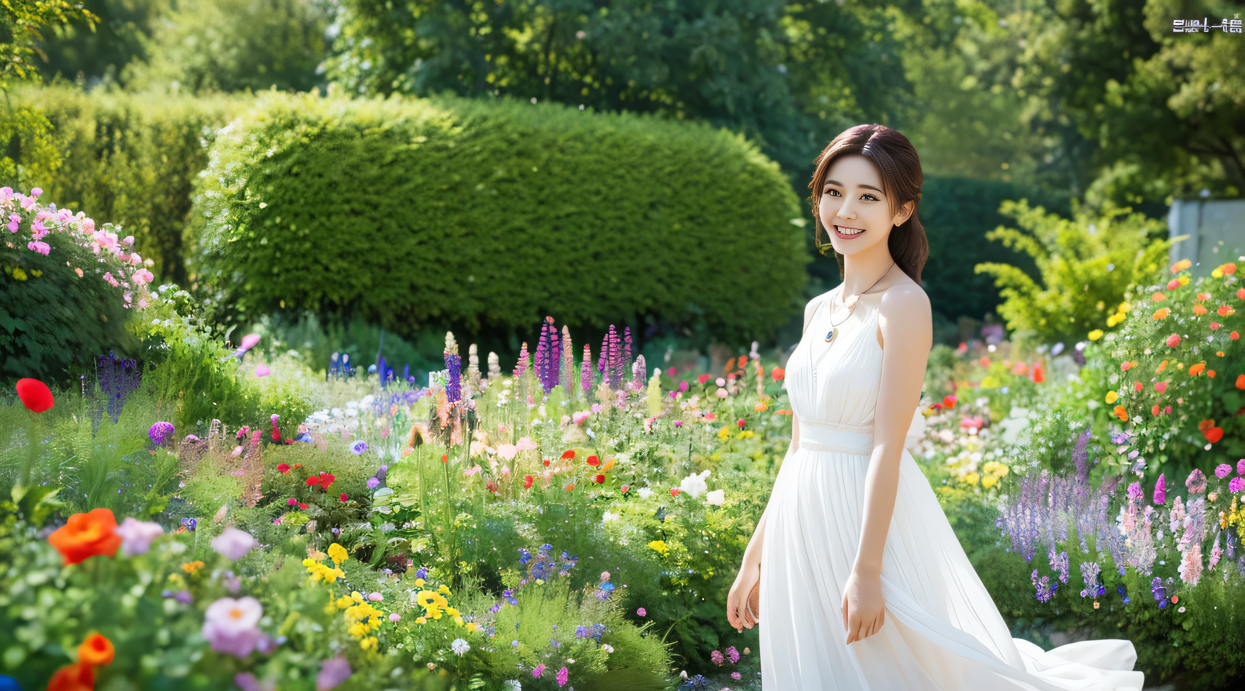 1 Girl, Dynamic Angle, Clouds and Mountains, (Flower Garden: 1.4) Foreground, White Dress, Light Tracing, (Floating Colorful Wind: 1) (Realistic: 1.4), Official Art, Unity 8k Wallpapers, Ultra Detail, Beautiful and Beautiful, Masterpiece, Best Quality, Glowing Skin, Movie Lighting, Light Smile, Necklace, Korean Women