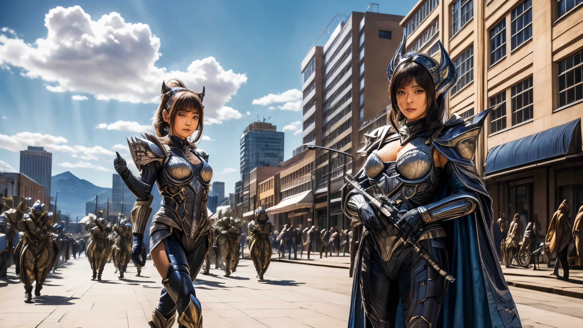 (best quality,4k,8k,highres,masterpiece:1.2),ultra-detailed, Alien Princess, Female Commander Invading a city with her Ranger troops behind her, strutting her stuff, Smiling and laughing, Flirting with the viewer, HDR, 8k, absurdres, cinestill 800, sharp focus, add_detail:3 (solo woman) anime Villainess, wideshot, widescreen, focus on subject