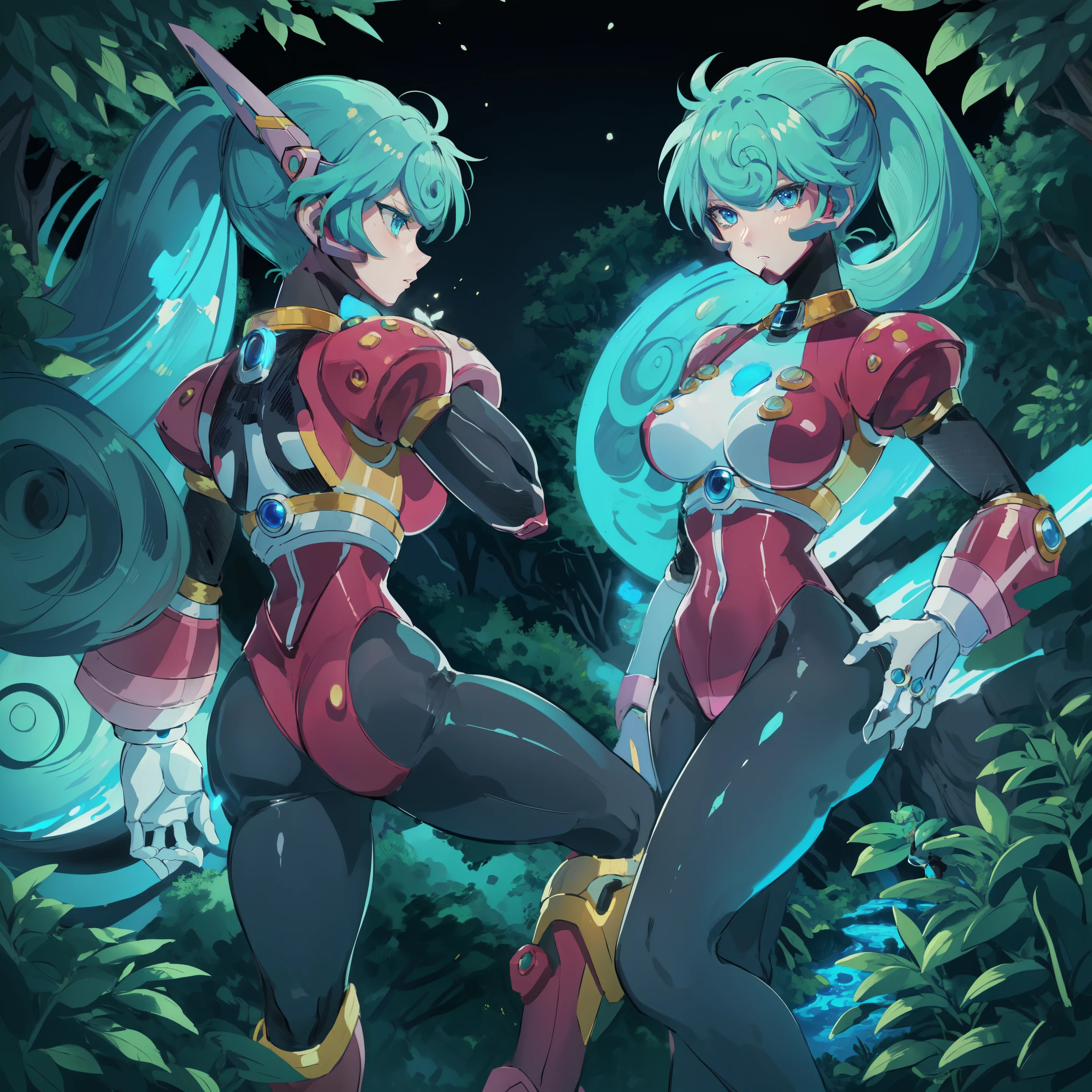 marino_megamanx, 1girl, green hair, blue eyes, ponytail, detailed face, breasts, high quality, masterpiece, in a dark forest looking out at a waterfall, in the style of ultra detailed, dark cyan and light bronze, eye-catching tags, physically based rendering, depictions of inclement weather, heavy shading, landscape inspirations