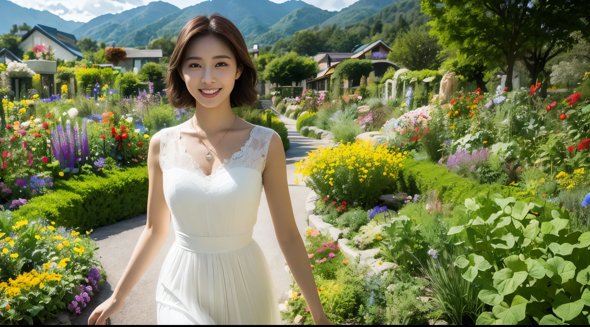 1 Girl, Dynamic Angle, Clouds and Mountains, (Flower Garden: 1.4) Foreground, White Dress, Light Tracing, (Floating Colorful Wind: 1) (Realistic: 1.4), Official Art, Unity 8k Wallpapers, Ultra Detail, Beautiful and Beautiful, Masterpiece, Best Quality, Glowing Skin, Movie Lighting, Light Smile, Necklace, Korean Women