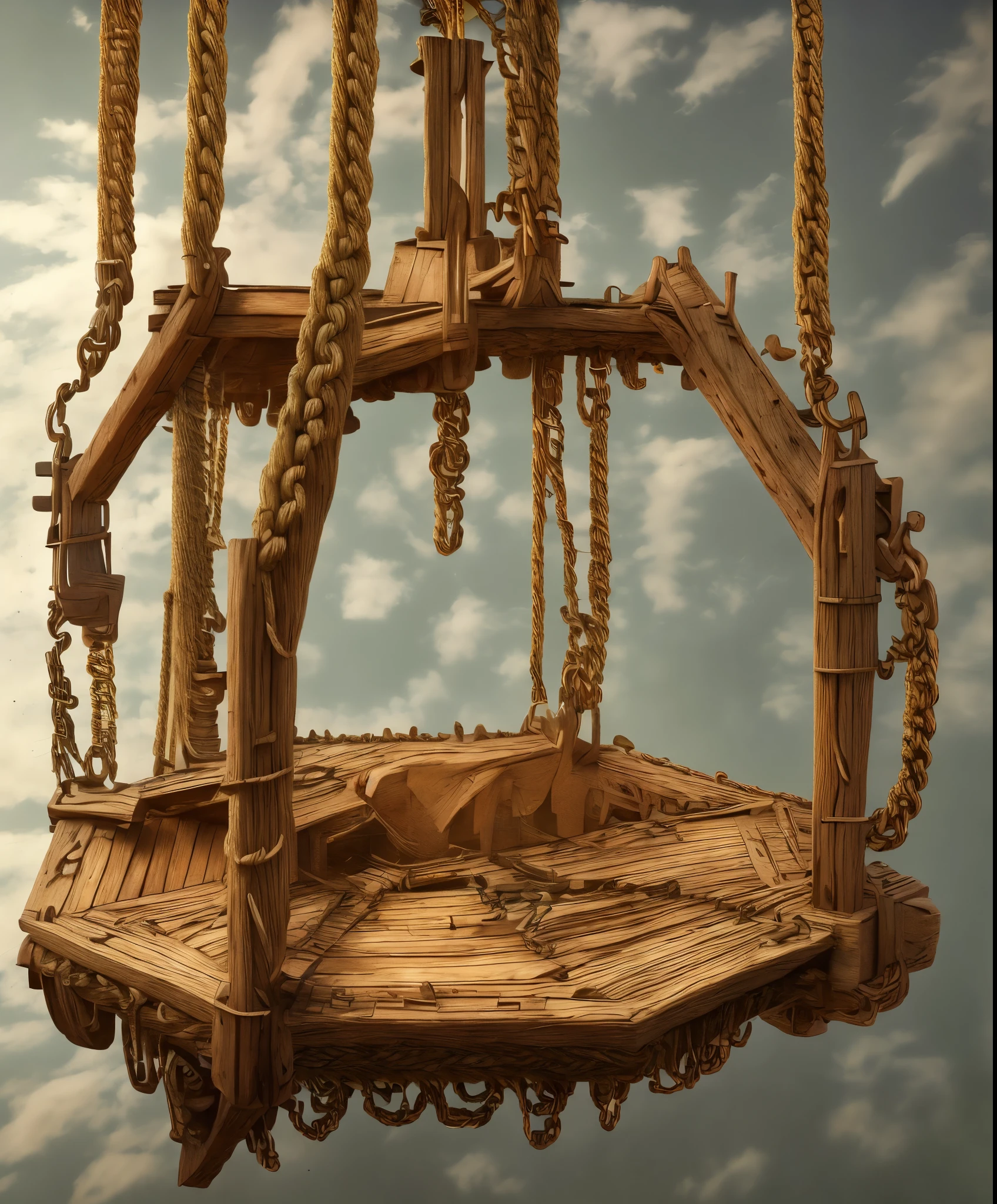 Masterpiece, best quality, 8k, panoramic view, archaic wooden elevator pulled by rope and chain,