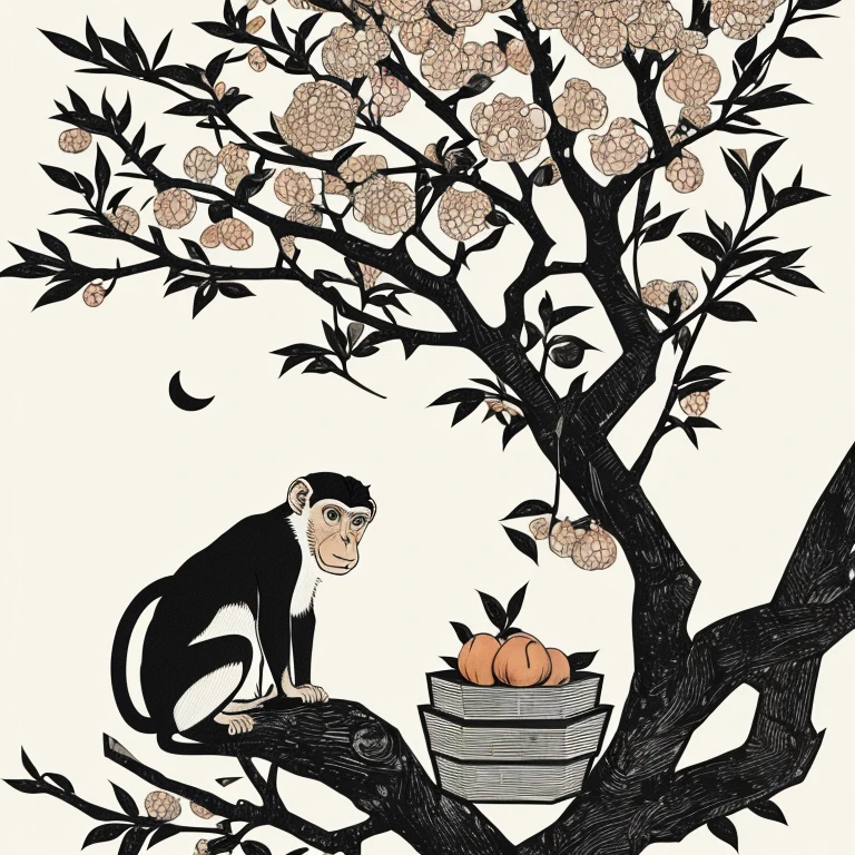 Knolling monkey sitting on a peach tree,woodblock,flat illustration,White background,black and white,Art