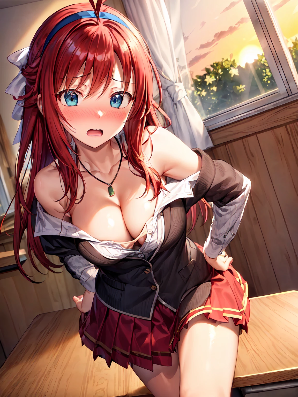 Masterpiece ,best quality , high resolution , ultra detail , colorful , soft light , mild light , sunlight , shinny , (perfect fingers , Detailed fingers, perfect hands) , (1 girl solo:1.38) , (long hair , red hair , antenna hair:1.24 , blue eyes , neck-ribbon , hairband) , (bare shoulder , bow , necklace , white shirt , school uniform , black vest:1.25 , red miniskirt , thigh strap , black stockings , hose ) , (standing straight:1.28 , (hands on hip:1.3) , ( (cleav , (medium breast:1.3) ,or, in classroom , windows , sunset , blackboard) , ( full face blush , shy , (surprised:1.34) , open mouth , (eyes wide open:1.34) , (unbelievable expression:1.34)) , (middle length shot:1.2 , knee_up-shot , close view , near shot) , (face viewer , look at the viewer)