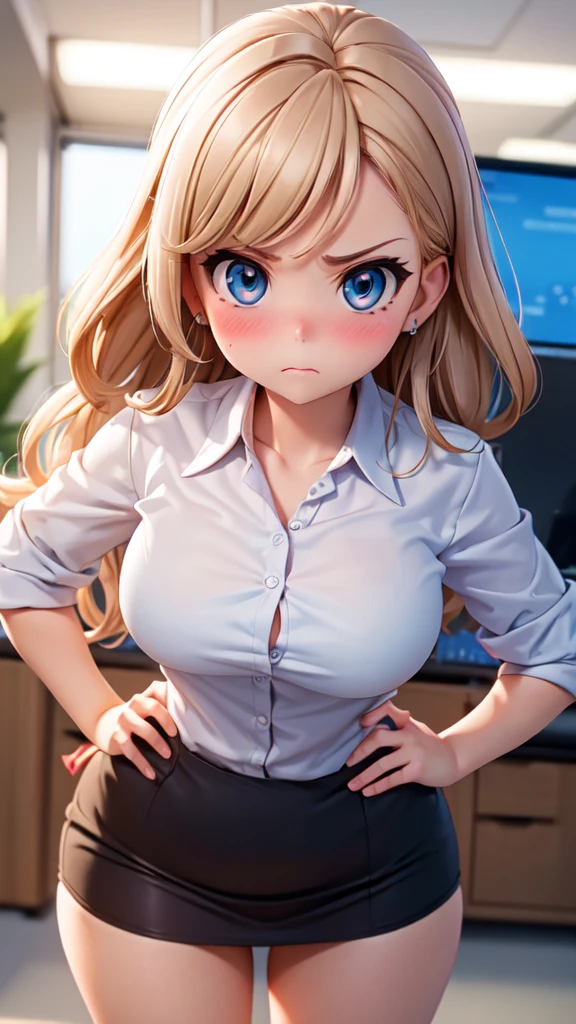 (high quality, High resolution, fine details, actual), ((((Cheeks swell)))), Put your hands on your hips, rely on, alone, miss, ((Female office worker)), Bright Eyes, (exquisite eyes), angry, blush, Shallow depth of field