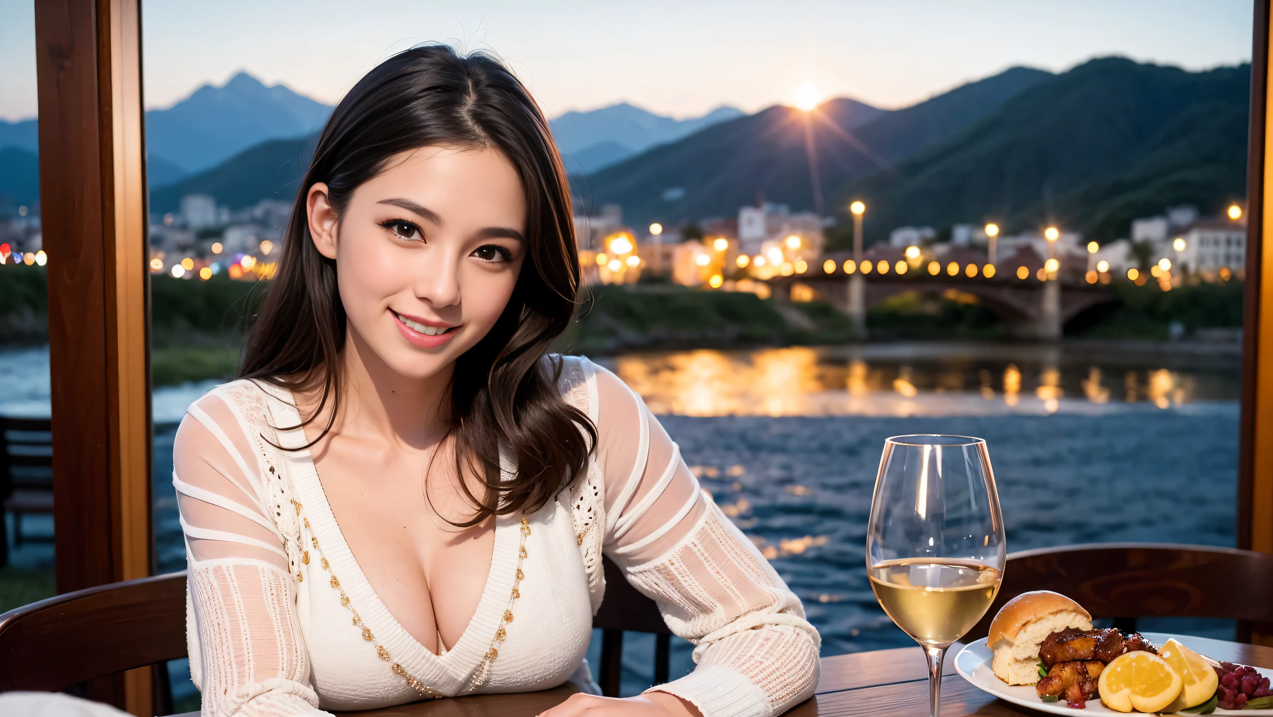 (K UHD, nffsw, top quality, table top: 1.2), (realistic, realistic: 1.37), Spectacular view of the sunset sky and clouds、Amazing mountain views、A bright smile、A lovely woman with a smile、The woman's face is bright、fox face、lady、Wine Party、hors d'oeuvre、Italian food、2 beauties、brown hair、shortcut、long sleeve shirt、winter fashion、dress、Japanese、Englishman、Dutch、German、Belgian、Italian、French,wine bottle、hors d'oeuvre、Champagne、sparkling wine、Pretty Woman 1, (slim face), (Because I'm slender), (brown hair), (shortcut), cheeks turn a little red, (42 years old), 38 years old, attractive beauty、, A beautiful and detailed night view spreads out outside the window.........., restaurant, sitting in a wine glass, At night, in a prominent place (from the waist up) nova frog style, actress, model, Upper body, White wine, slim, wine glass, very beautiful night view, wine glass placed in the middle, Smile, (smile: 1.15), beautiful small eyes,