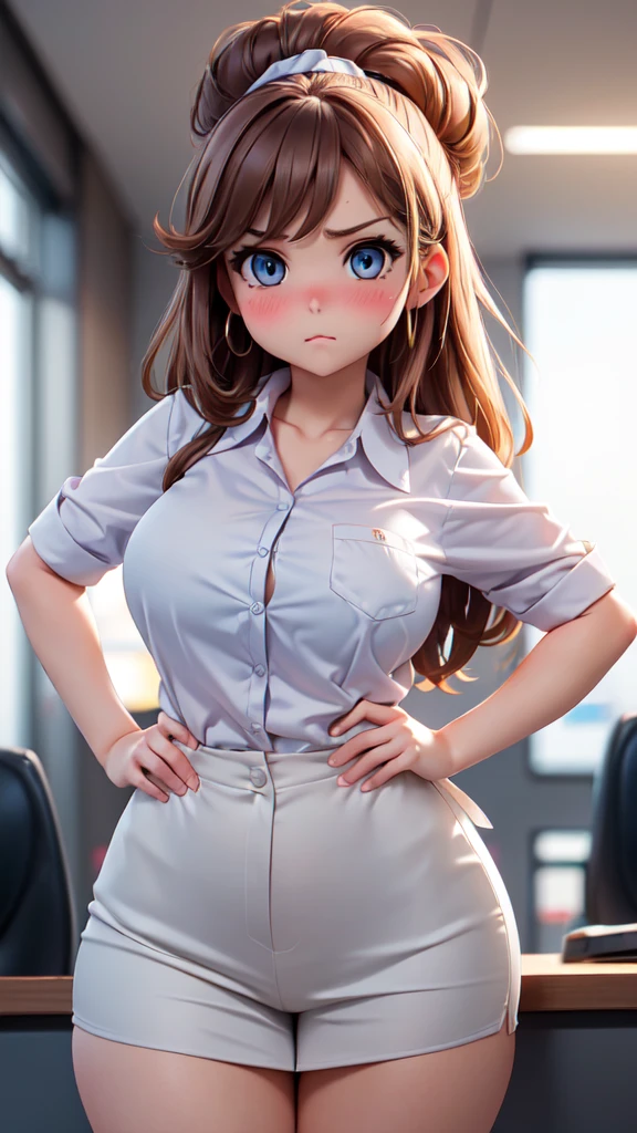 (high quality, High resolution, fine details, actual), ((((Cheeks swell)))), Put your hands on your hips, rely on, alone, miss, ((Female office worker)), Bright Eyes, (exquisite eyes), angry, blush, Shallow depth of field