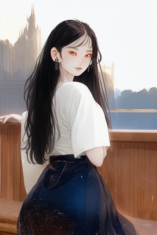 1 girl,(Black hair is semi-long)(beautiful hair), an actress, smile, shiny skin, Best quality, masterpiece, (Photorealistic:1.4), terrace seating, Europe, france, Paris, denim mini skirt (Realistic fabric), white short sleeves (cotton factory), (no logo), Fine Fingers