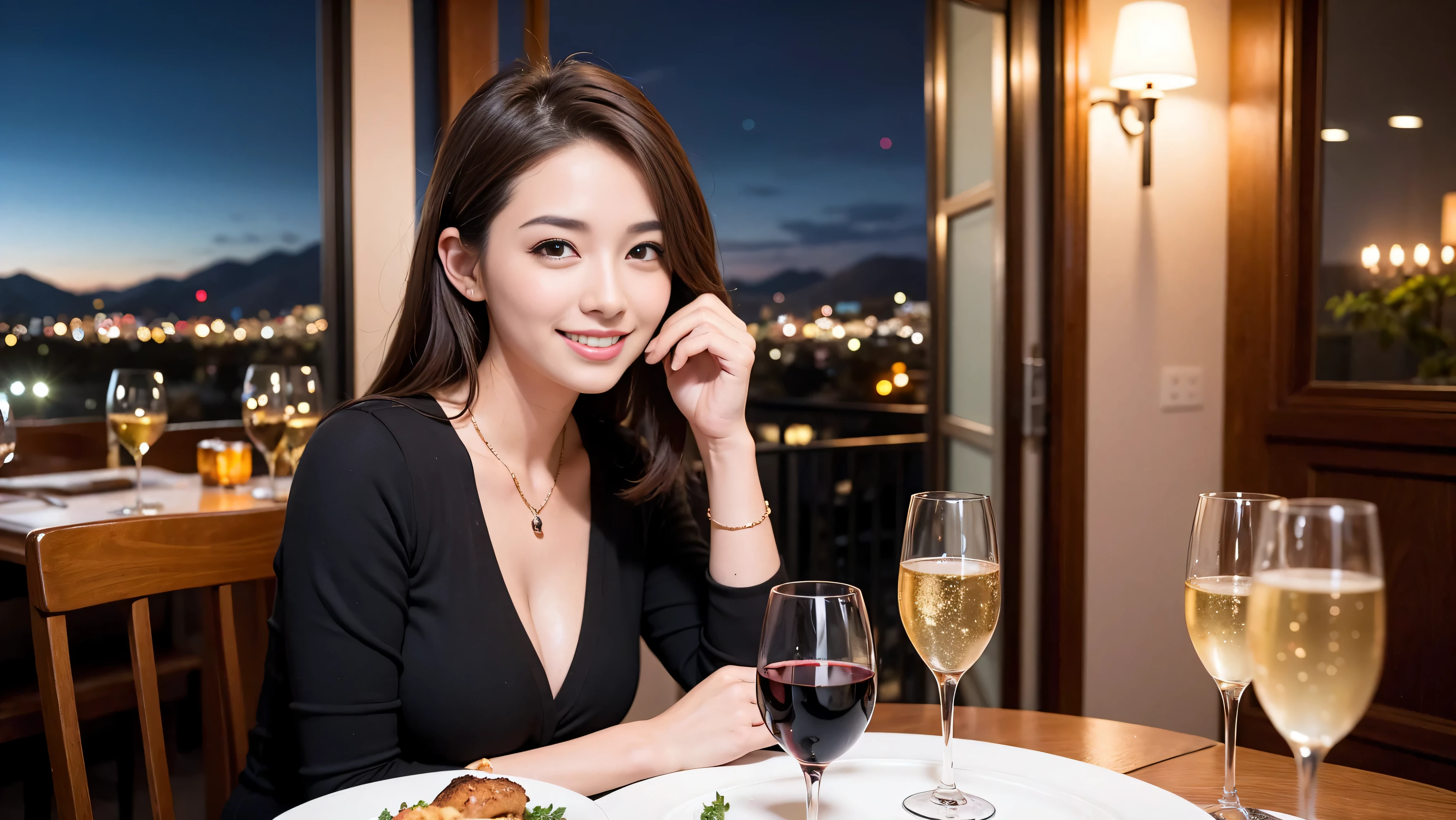 (K UHD, nffsw, top quality, table top: 1.2), (realistic, realistic: 1.37), Spectacular view of the sunset sky and clouds、Amazing mountain views、A bright smile、A lovely woman with a smile、The woman&#39;s face is bright、fox face、lady、Wine Party、hors d'oeuvre、Italian food、2 beauties、brown hair、shortcut、long sleeve shirt、winter fashion、dress、Japanese、Englishman、Dutch、German、Belgian、Italian、French,wine bottle、hors d'oeuvre、Champagne、sparkling wine、Pretty Woman 1, (slim face), (Because I&#39;m slender), (brown hair), (shortcut), cheeks turn a little red, (36 years old), 38 years old, attractive beauty、, A beautiful and detailed night view spreads out outside the window.........., restaurant, sitting in a wine glass, At night, in a prominent place (from the waist up) nova frog style, actress, model, Upper body, White wine, slim, wine glass, very beautiful night view, wine glass placed in the middle, Smile, (smile: 1.15), beautiful small eyes, 