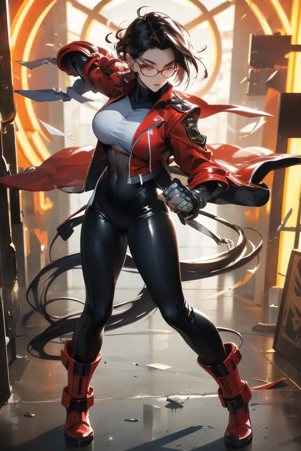 Wide angle shot, full body image, beautiful female street fighter, wearing large glasses, black undercut hair, wearing large steel knuckles