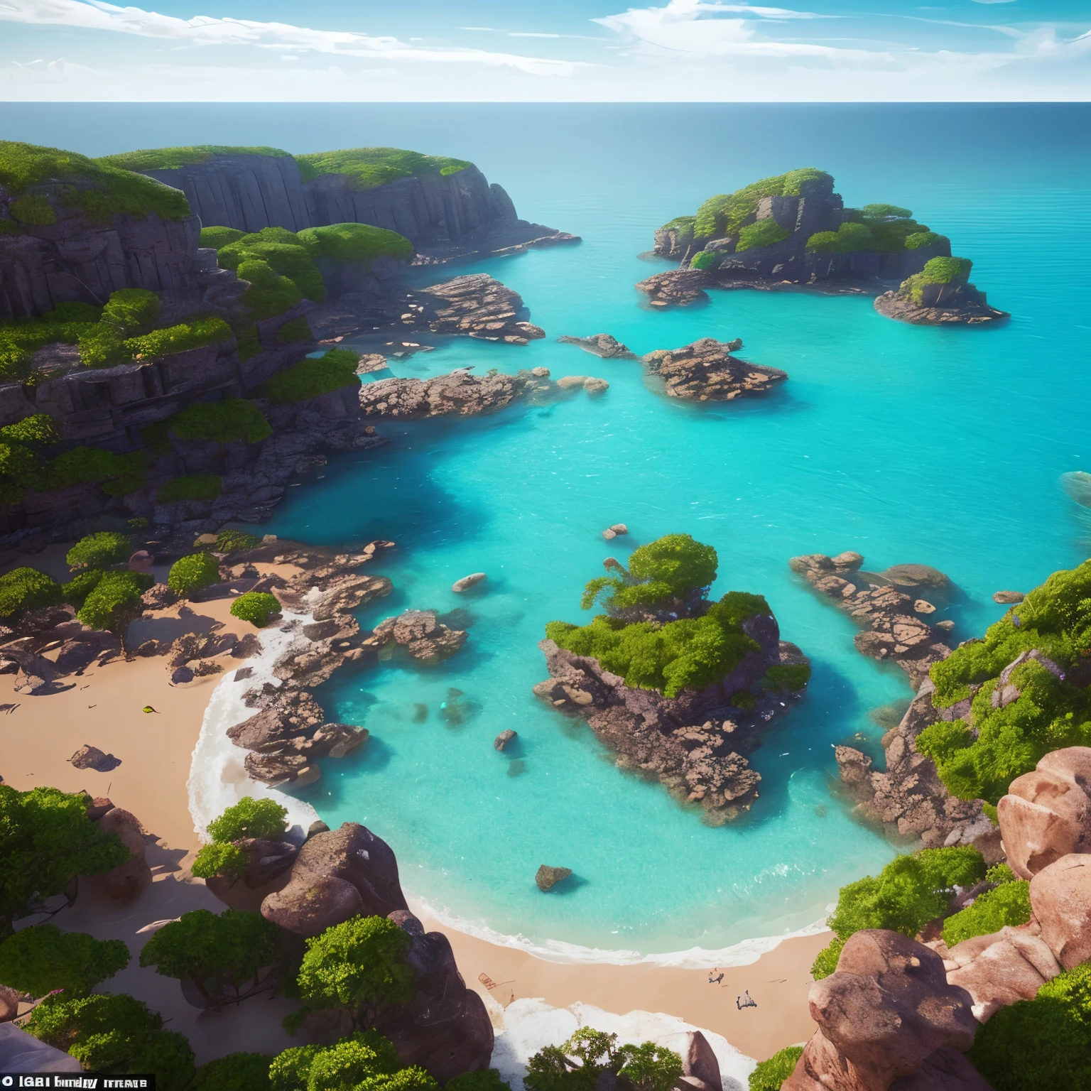 a view of a beach with rocks and water in the middle, a matte painting by Mike Winkelmann, trending on cgsociety, fantasy art, realism | beeple, beeple |, wide angle fantasy art, beeple and mike winkelmann, surrealism!!!!! concept art, epic matte painting of an island, impressive fantasy landscape, beautiful detailed scene