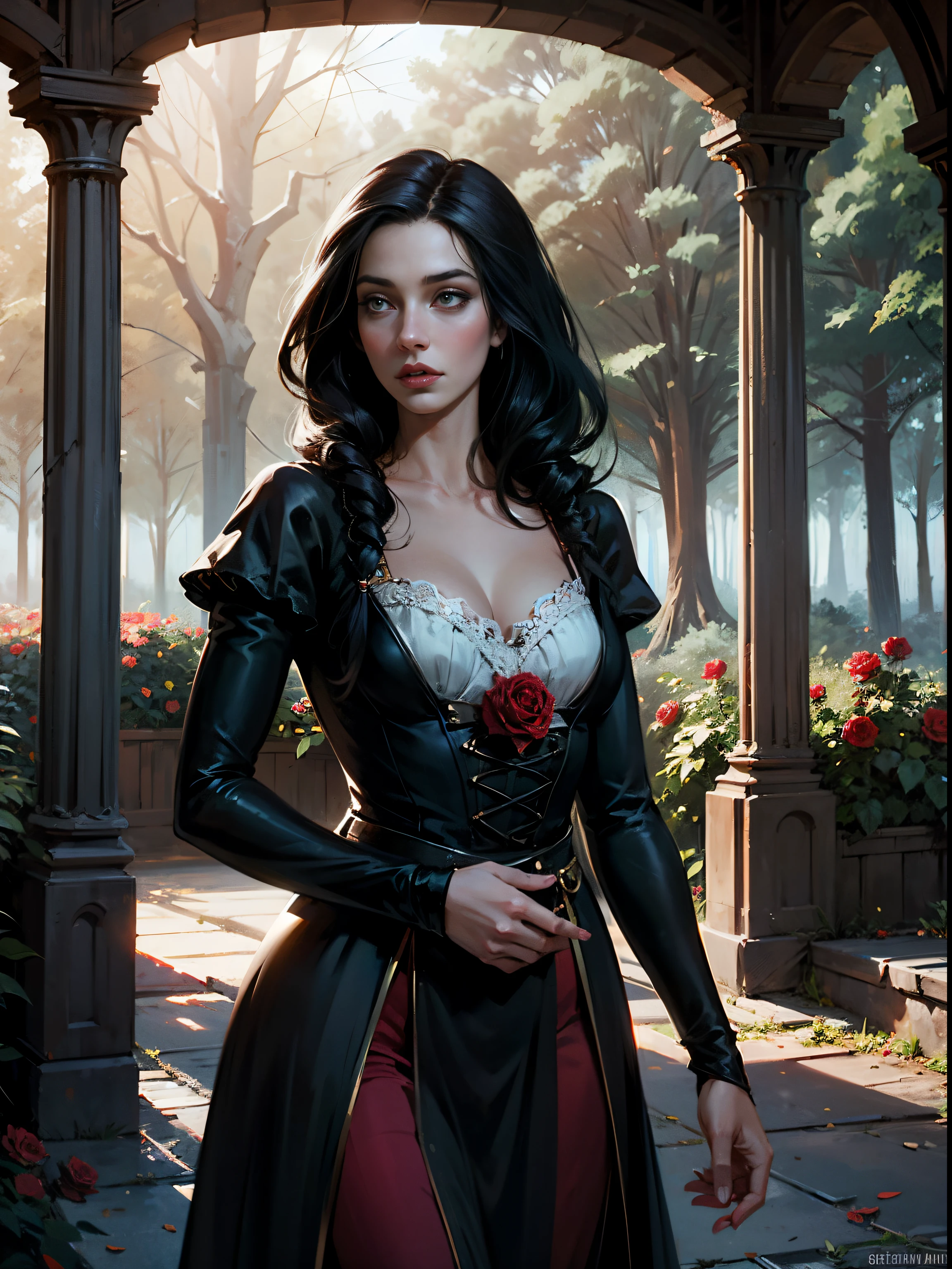 fantasy, rose bushes, roses everywhere, light, forest, ruined gazebo, German appearance, a girl of 23 years old, with long black hair, in a simple red dress of the 16th century, looks like Adelaide Kane. hd