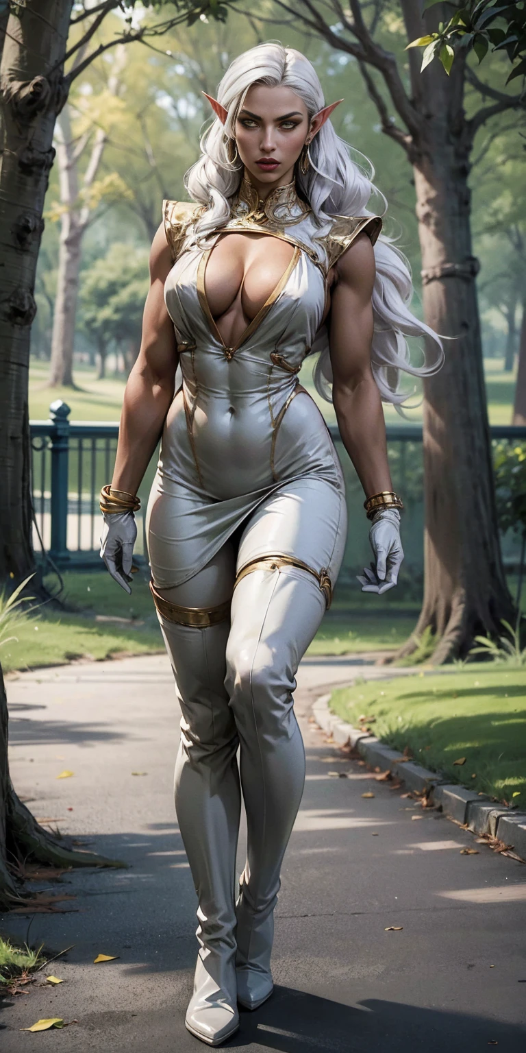 (masterpiece:1.2, best quality), (very detailed face, real picture, realistic skin, realistic body, intricate details), ((full body)), 1lady, solo, upper body, big , Dark skinny jeans, oversized sweater, ankle boots, Loose waves, simple hoop earrings, (in Park), Pirotess, (yellow eyes), white hair, silver hair, very long hair, straight hair, solo, adult woman, tall, slightly muscular, large breasted, cleavage, constricted waist, Toned body, slight abs, thin dark skin, pointy ears, lipstick, makeup, black eyeshadow, circlet, white short dress, jewelry, bracelet, white gloves, thigh boots